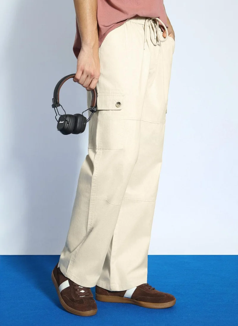 Urbano Fashion  Urbano Fashion Men's Cream Loose Baggy Fit Cargo Jogger Chino Pant with 6 Pockets Stretchable for Men | Best Price UAE